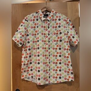 Men’s Public Opinion Short-Sleeve White Button-Up Shirt with Donut Print